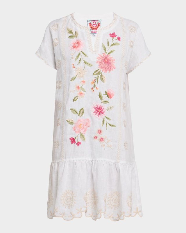 Della Floral-Embroidered Flounce Linen Dress